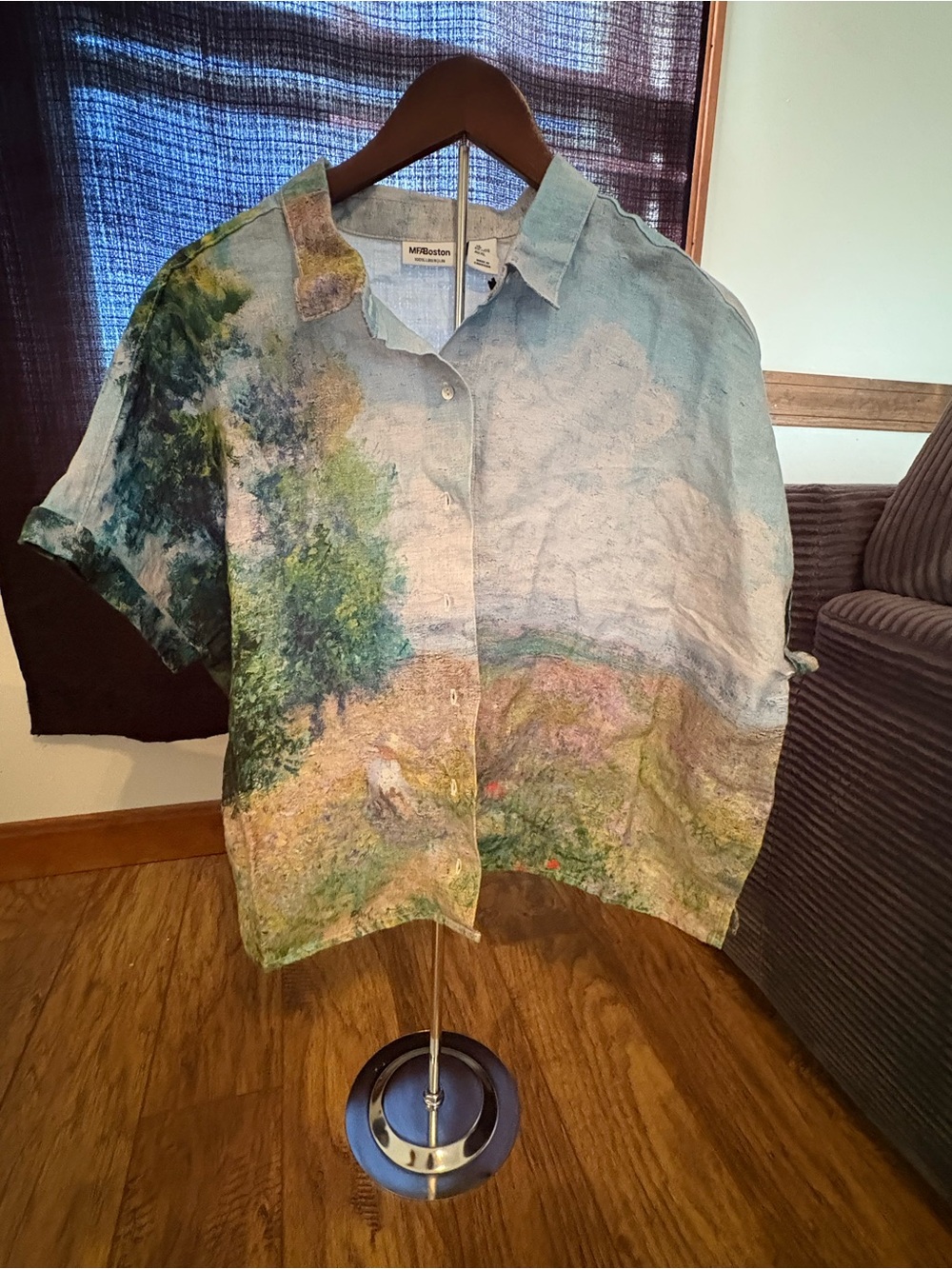 MFA Boston 100% linen art shirt XL monet landscape print button up